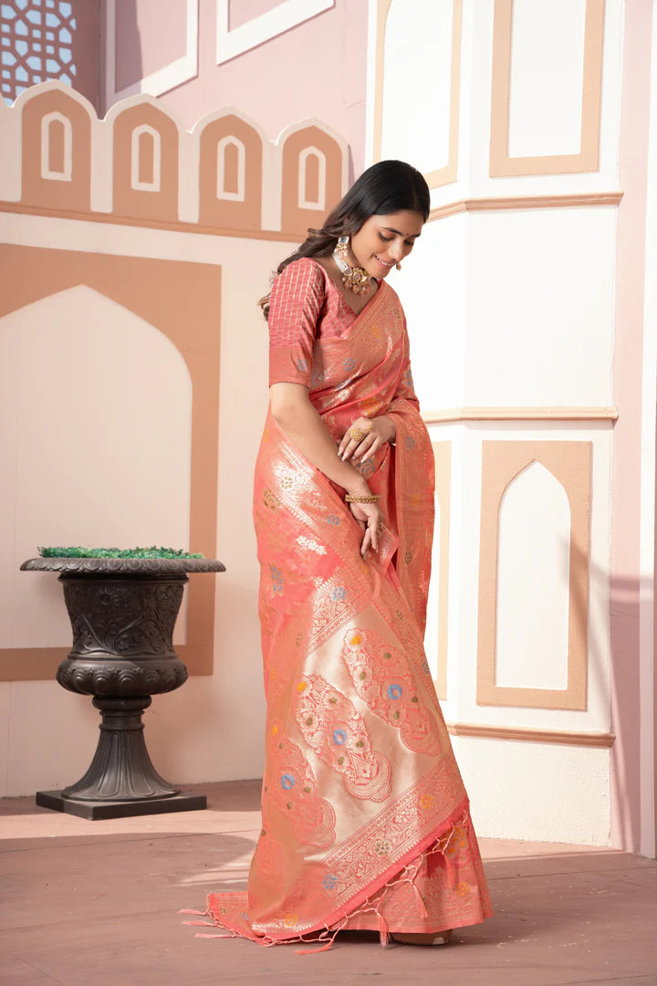 Peach Cotton Silk Saree – Banarasi Heritage