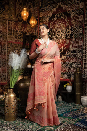 Vastraan Peach Soft Cotton Jamdani Saree