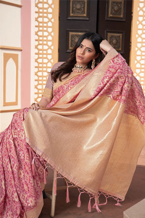 Vastraan Pink Ikat Silk Saree – Zari Woven Elegance