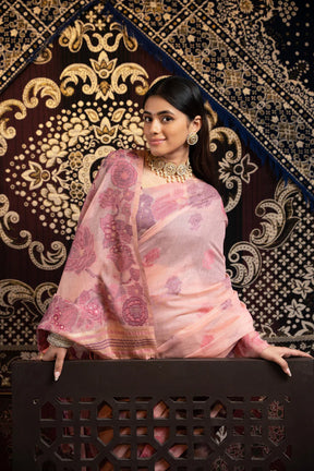 Vastraan Pink Soft Cotton Jamdani Saree