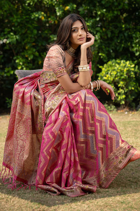 Graceful Pink Leheriya Banarasi Organza Saree for Weddings