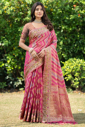 Graceful Pink Leheriya Banarasi Organza Saree for Weddings