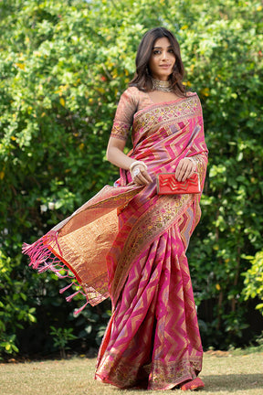 Graceful Pink Leheriya Banarasi Organza Saree for Weddings