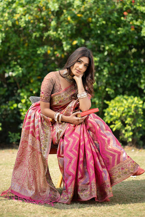 Graceful Pink Leheriya Banarasi Organza Saree for Weddings