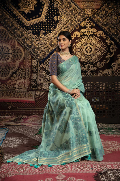 Vastraan Teal Soft Cotton Jamdani Saree