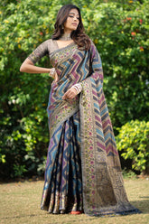 Classic Teal Leheriya Banarasi Organza Saree for Special Occasions