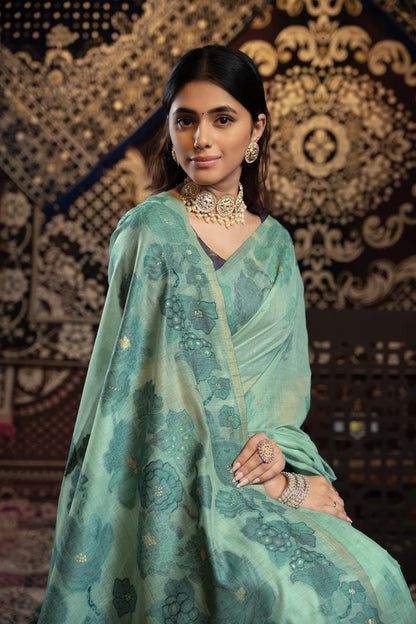 Vastraan Teal Soft Cotton Jamdani Saree