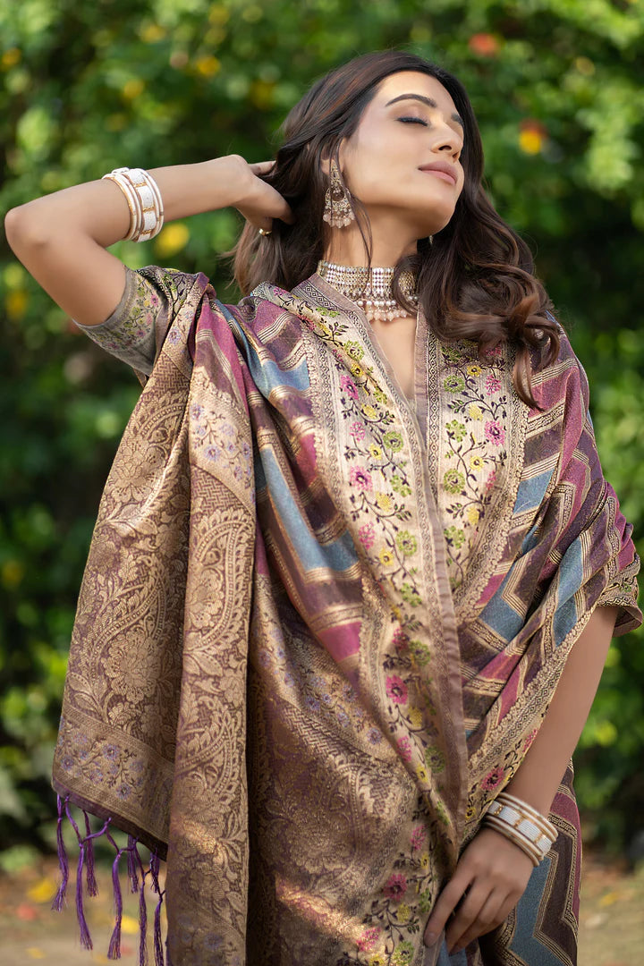 Graceful Purple Banarasi Organza Saree with Leheriya Print