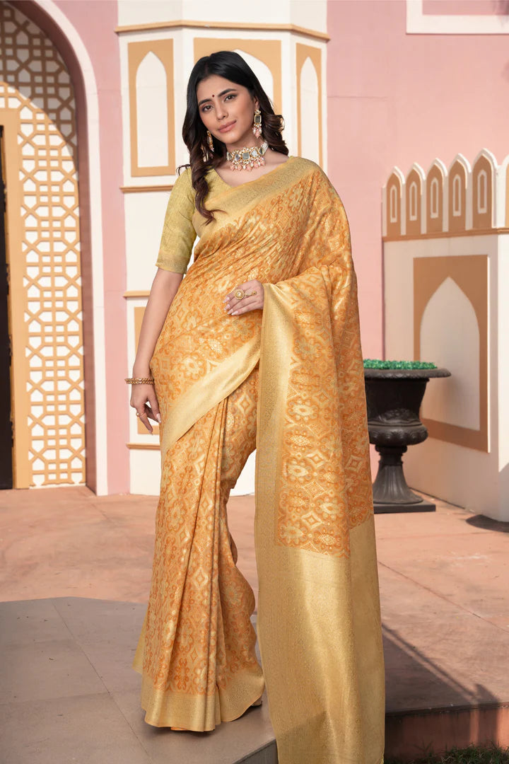 Vastraan Yellow Ikat Silk Saree – Zari Woven Charm