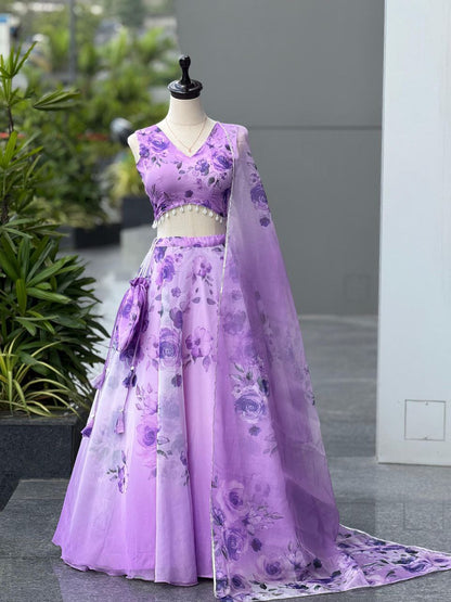 Party Wear Lehenga Choli – Violet Pure Organza | Vastraan