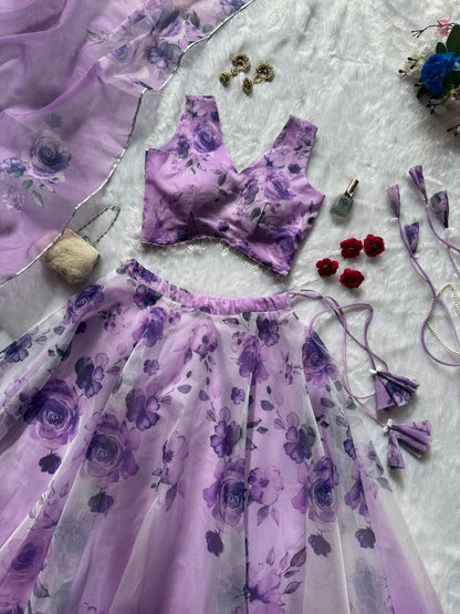 Party Wear Lehenga Choli – Violet Pure Organza | Vastraan