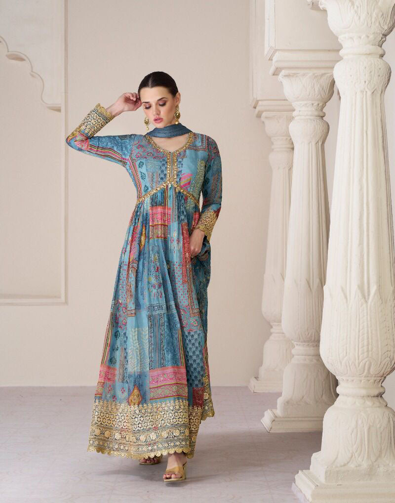 Blue Color Premium Organza Print Silk Embroidery Work Gown
