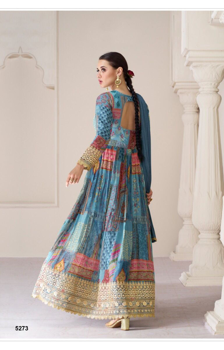 Blue Color Premium Organza Print Silk Embroidery Work Gown