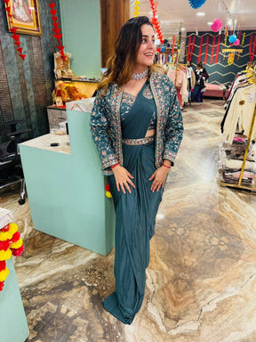 New Teal Color Ready to Wear Saree With Stitched Blouse belt and Jacket