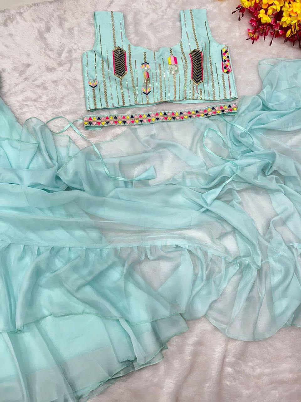 Beautiful Organza Silk Ready to wear saree (Sky blue)