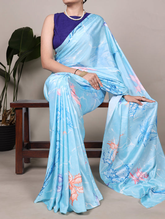 Beautiful Sky blue Color Satin Silk Floral Printe Saree