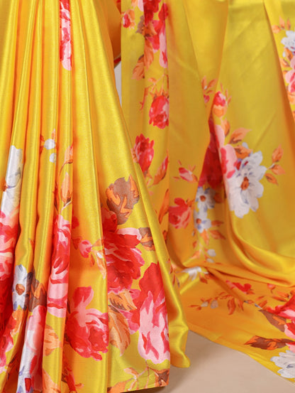 Beautiful Yellow Color Satin Silk Floral Printe Saree