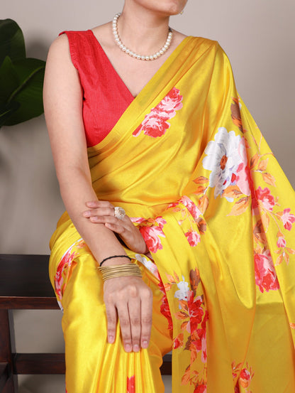 Beautiful Yellow Color Satin Silk Floral Printe Saree