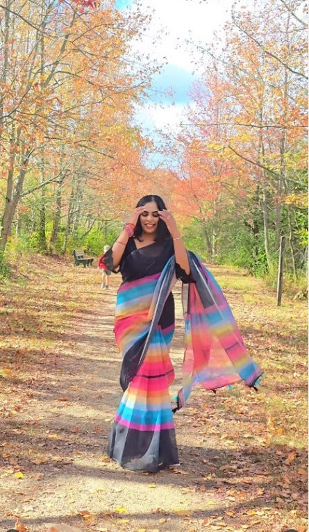 Multi Color Linen Digital Print Party Wear Saree