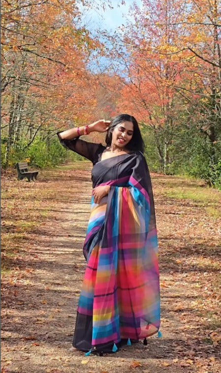 Multi Color Linen Digital Print Party Wear Saree