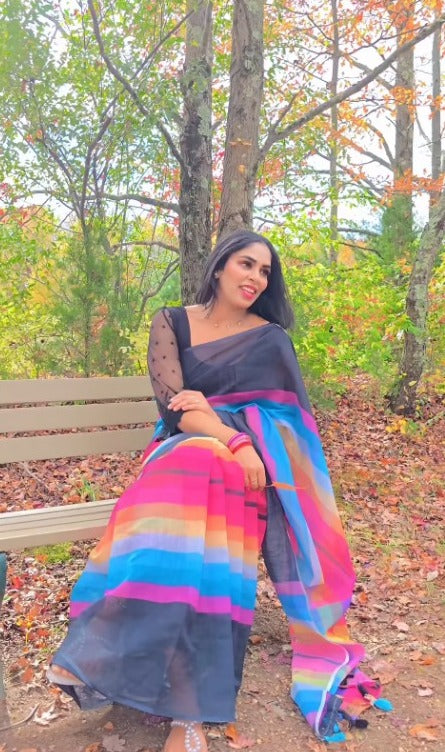 Multi Color Linen Digital Print Party Wear Saree