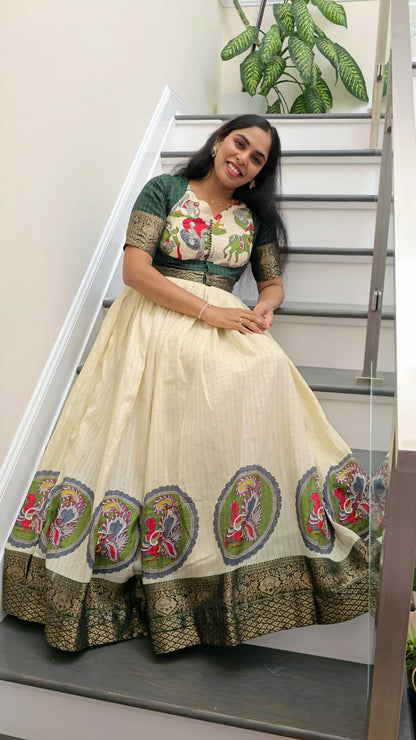 Cream Kalamkari Dola Silk Gown with Zari Koti - Vastraan