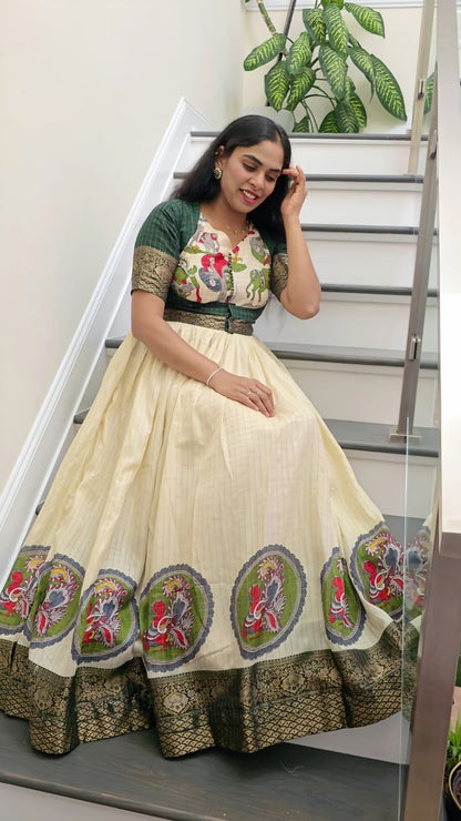 Cream Kalamkari Dola Silk Gown with Zari Koti - Vastraan