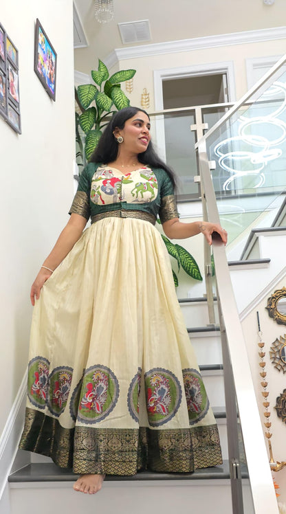 Cream Kalamkari Dola Silk Gown with Zari Koti - Vastraan