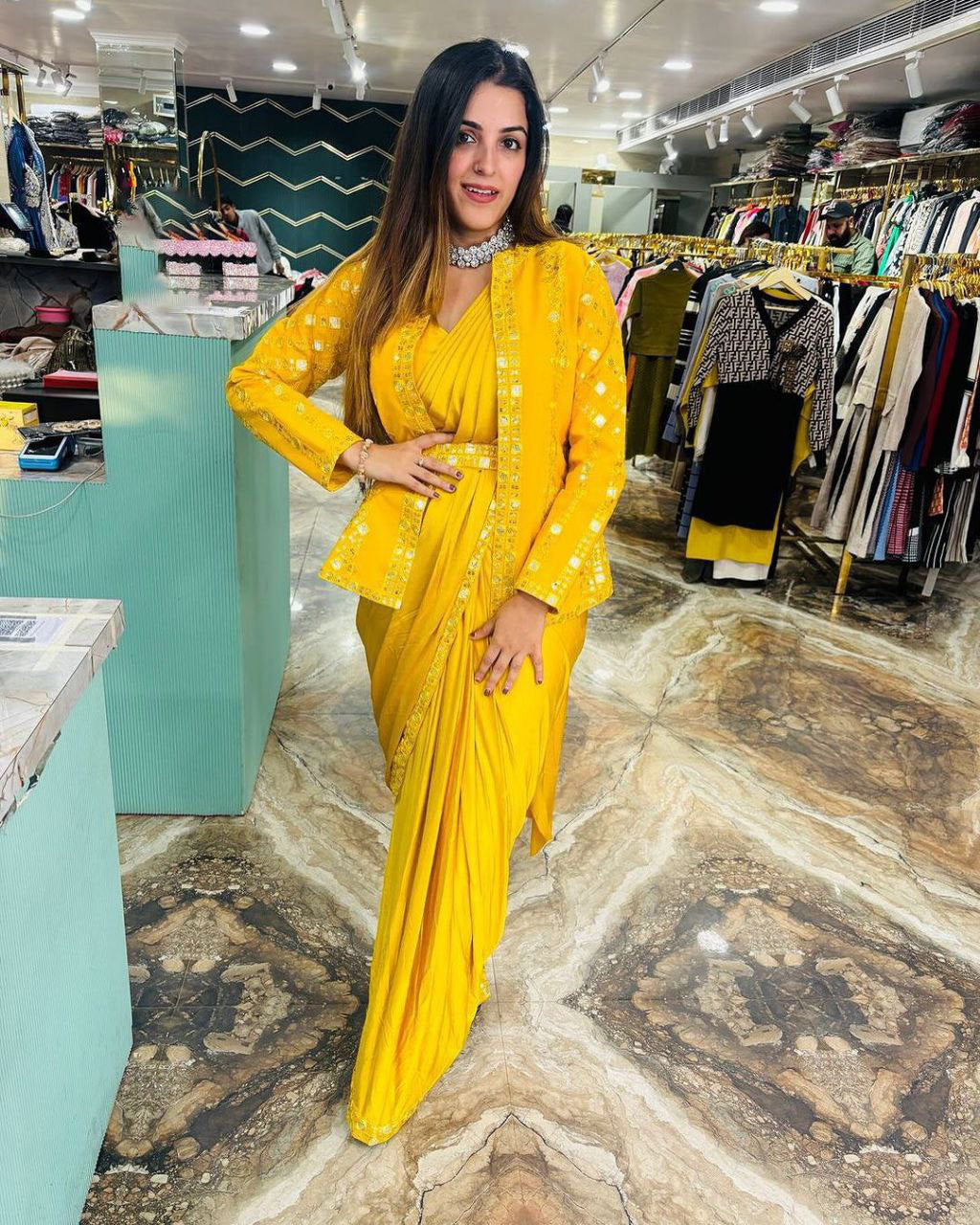 Yellow Heavy Satin Saree with Embroidered Jacket & Belt