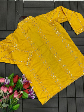 Elegant Yellow Satin Saree with Embroidered Jacket & Belt