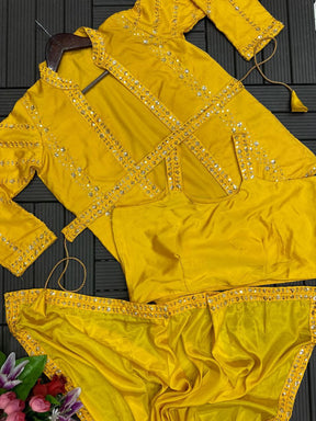 Elegant Yellow Satin Saree with Embroidered Jacket & Belt