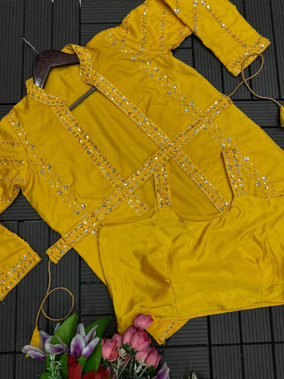 Elegant Yellow Satin Saree with Embroidered Jacket & Belt