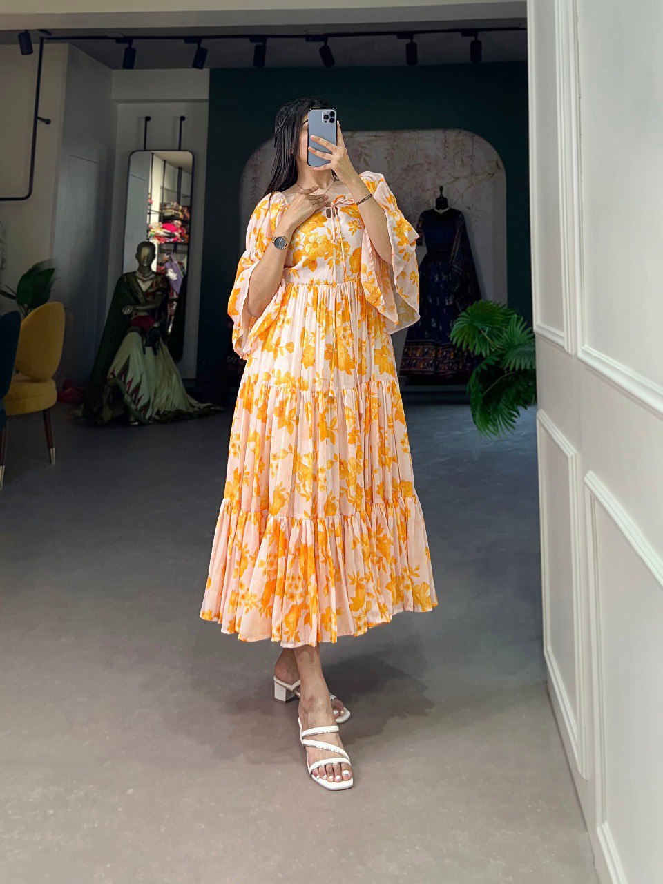 Awesome Yellow Digital Floral Printed Georgette Festival Wear Dresses