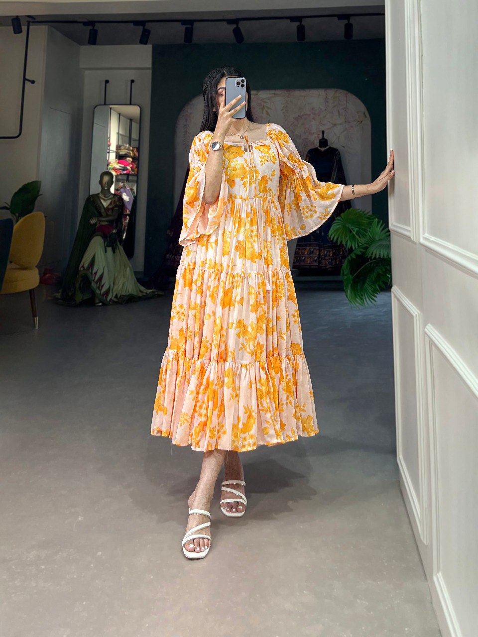 Awesome Yellow Digital Floral Printed Georgette Festival Wear Dresses