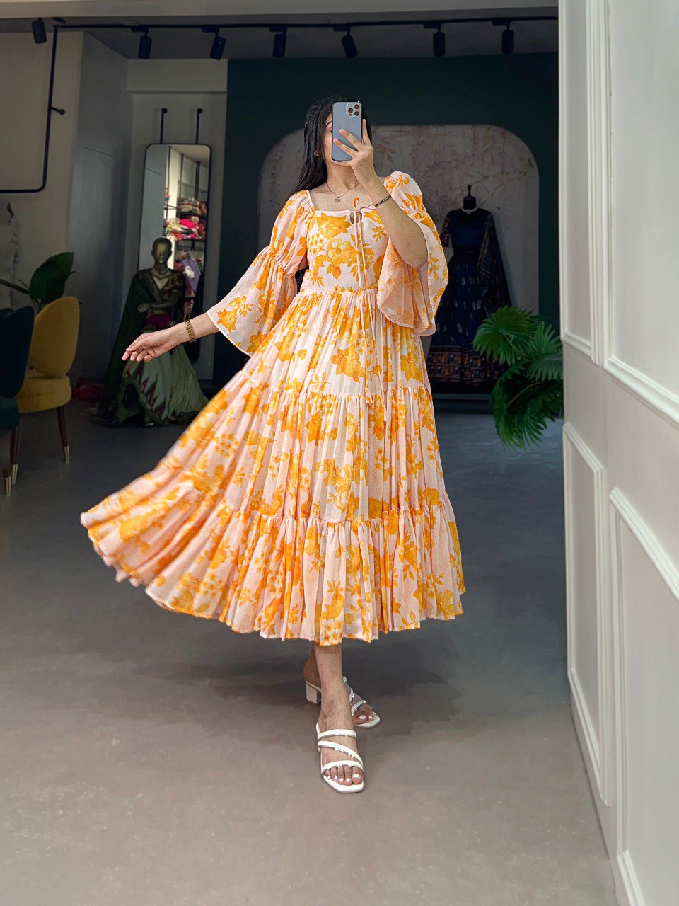 Awesome Yellow Digital Floral Printed Georgette Festival Wear Dresses
