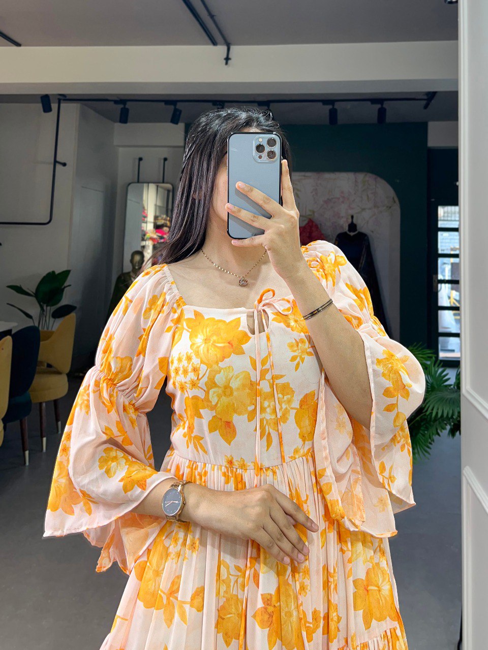 Awesome Yellow Digital Floral Printed Georgette Festival Wear Dresses