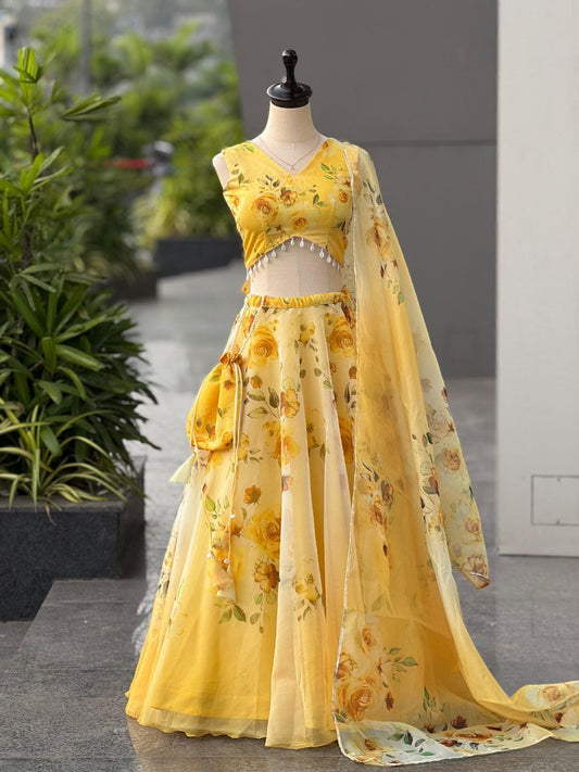 Party Wear Lehenga Choli – Yellow Pure Organza | Vastraan