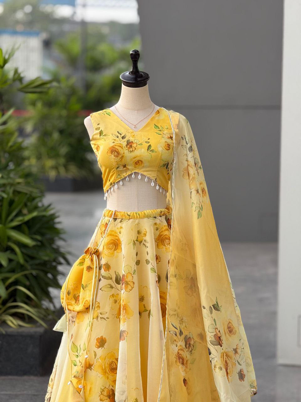 Party Wear Lehenga Choli – Yellow Pure Organza | Vastraan