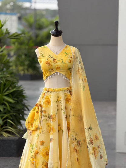 Party Wear Lehenga Choli – Yellow Pure Organza | Vastraan