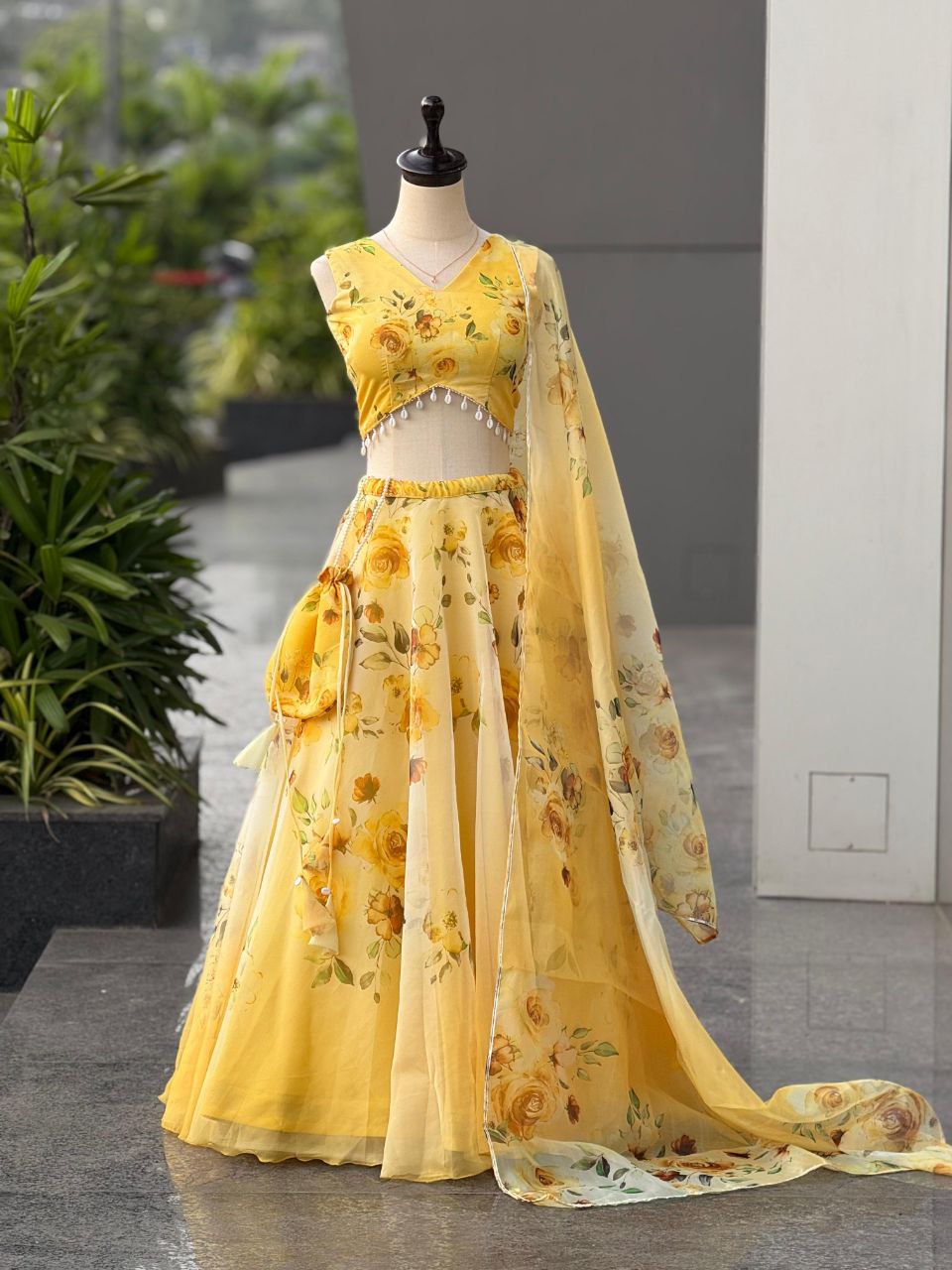 Party Wear Lehenga Choli – Yellow Pure Organza | Vastraan