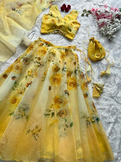 Party Wear Lehenga Choli – Yellow Pure Organza | Vastraan