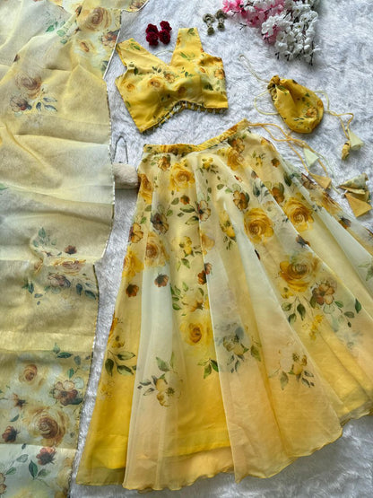 Party Wear Lehenga Choli – Yellow Pure Organza | Vastraan