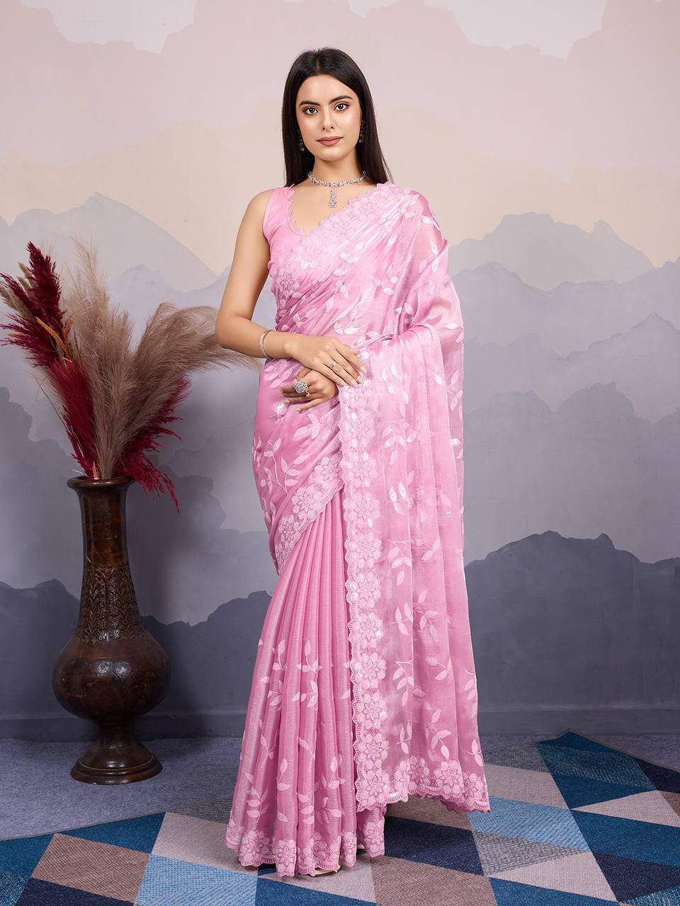 Baby Pink Premium Burberry Embroidery Sequins Work Saree