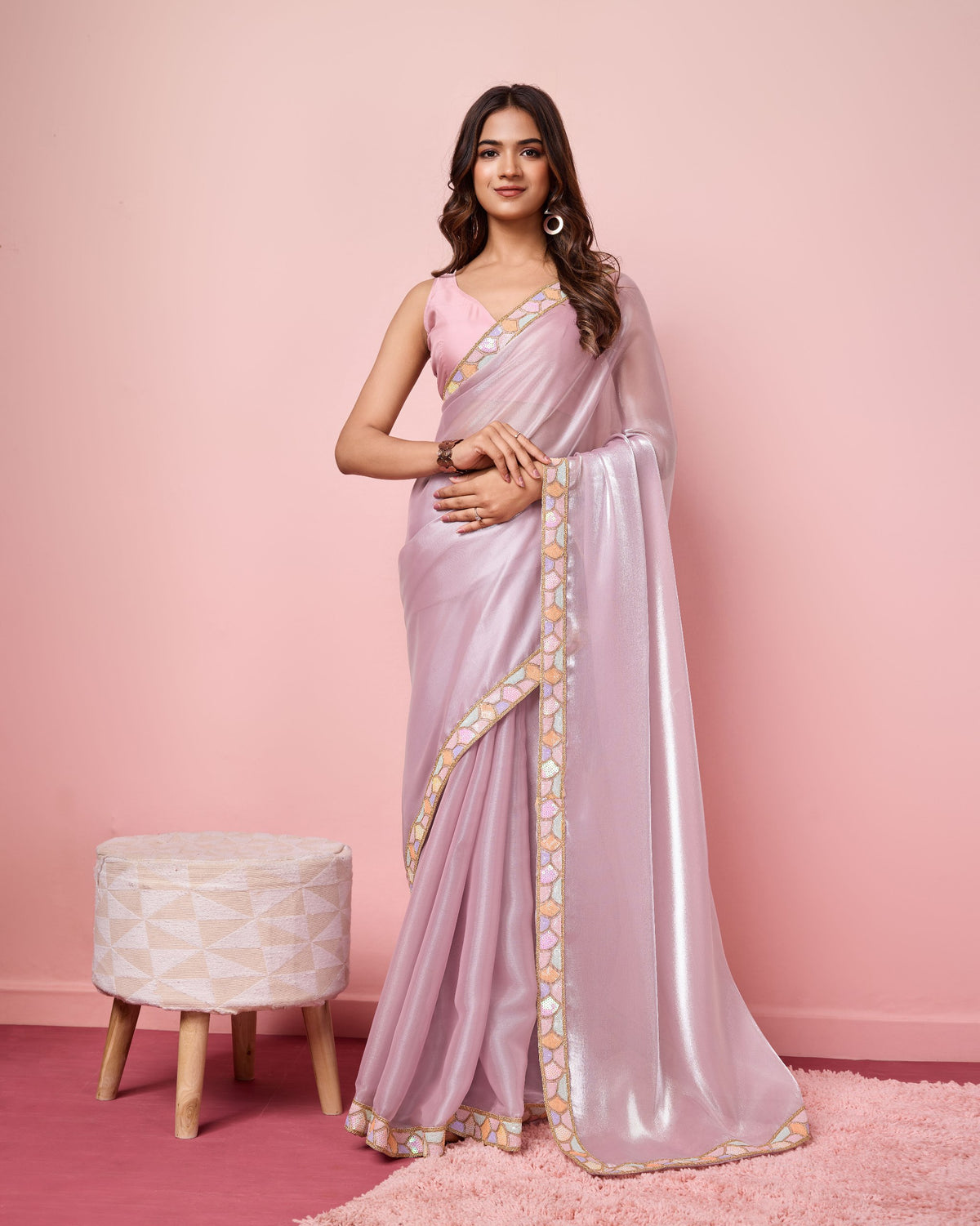 Baby Pink Jimmy Choo Sequence Border Party Wear Saree