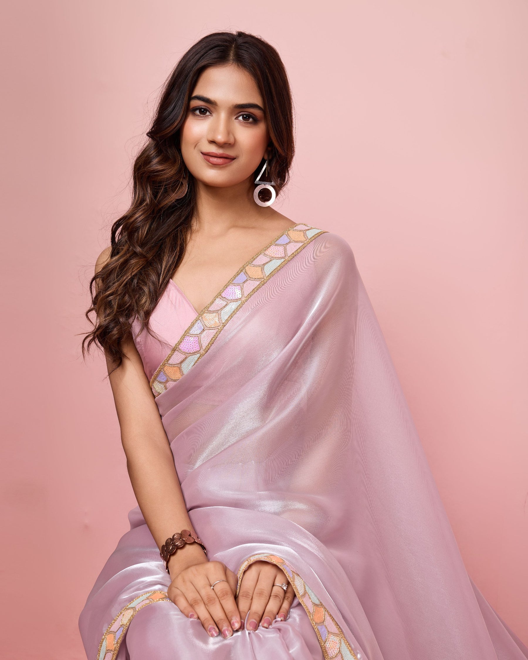 Baby Pink Jimmy Choo Sequence Border Party Wear Saree