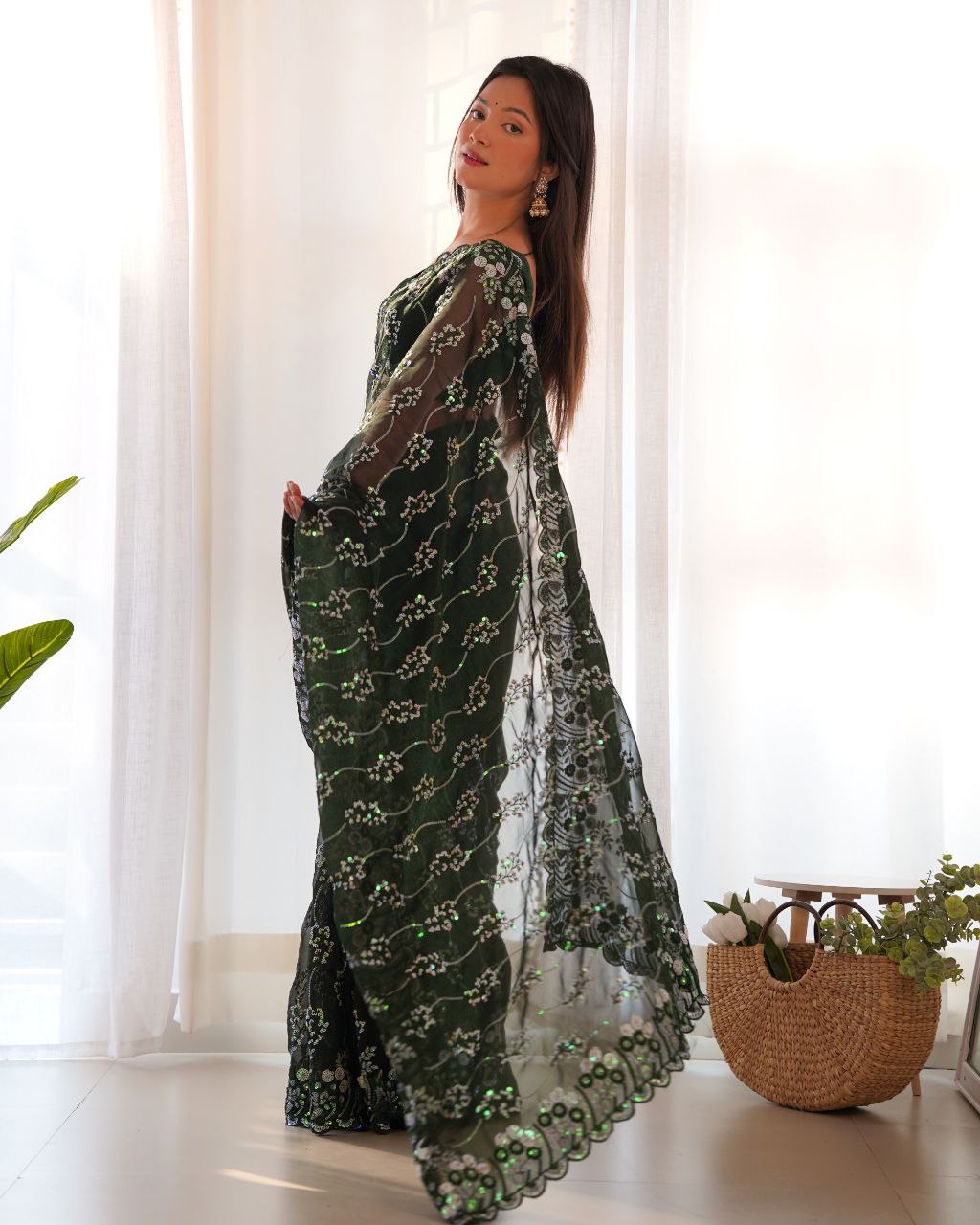 Arti Chauhan Green Simmer Blooming Zari With Sequence Saree