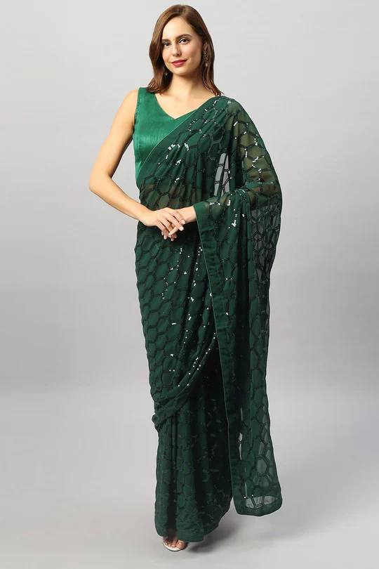 Green Georgette Sequence Work Premium Saree