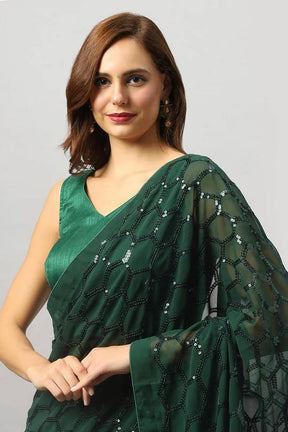 Green Georgette Sequence Work Premium Saree