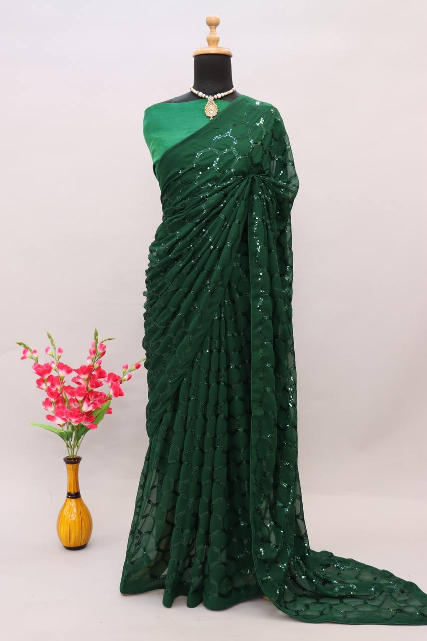 Green Georgette Sequence Work Premium Saree