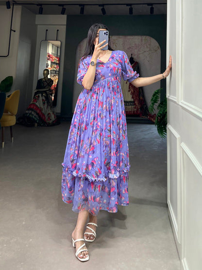 Lavender Digital Printed Georgette Event Wear Dresses
